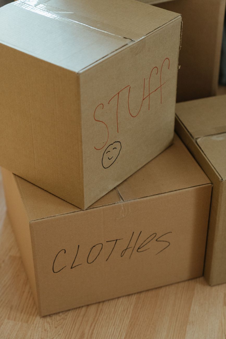 Cardboard box marked for clothing